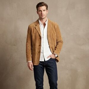 Men's Vintage 100% Brown Tan Suede Leather Blazer Jacket  - Size Large